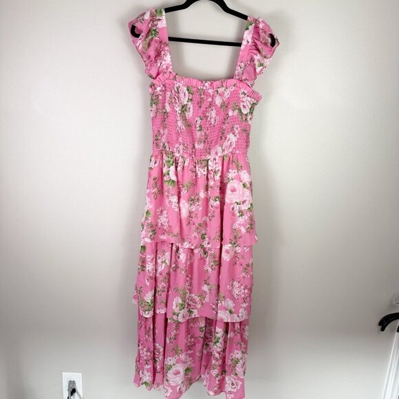 August Sky Women’s Smocked Midi Dress Pink Floral Tiered Ruffle Sleeveless L - Picture 2 of 10